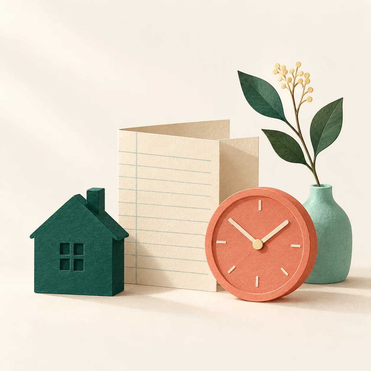 A paper-cut house, clock, ledger, and plant in warm cream and evergreen colors