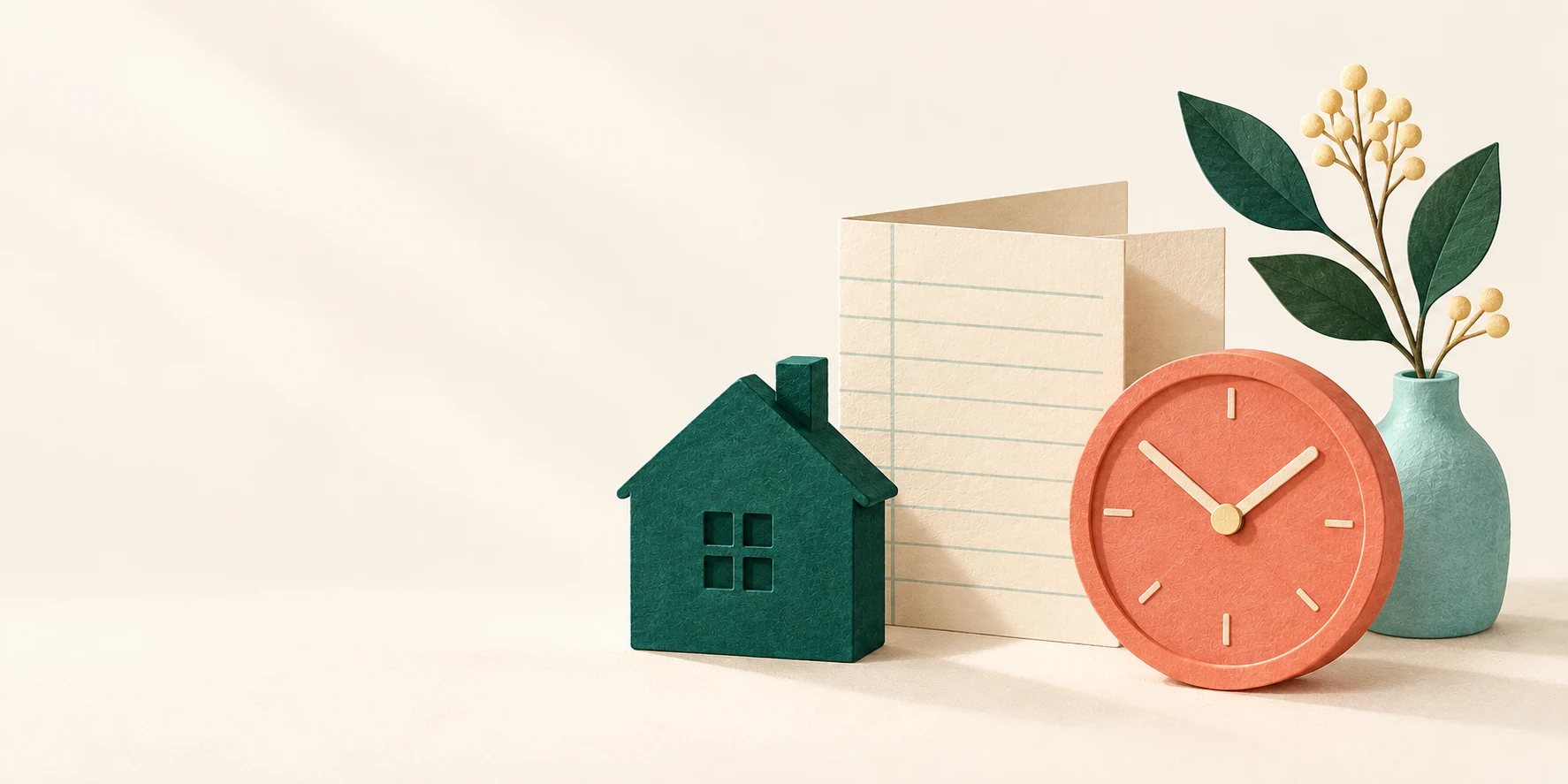 A paper-cut household scene with a house, clock, ledger, and green plant