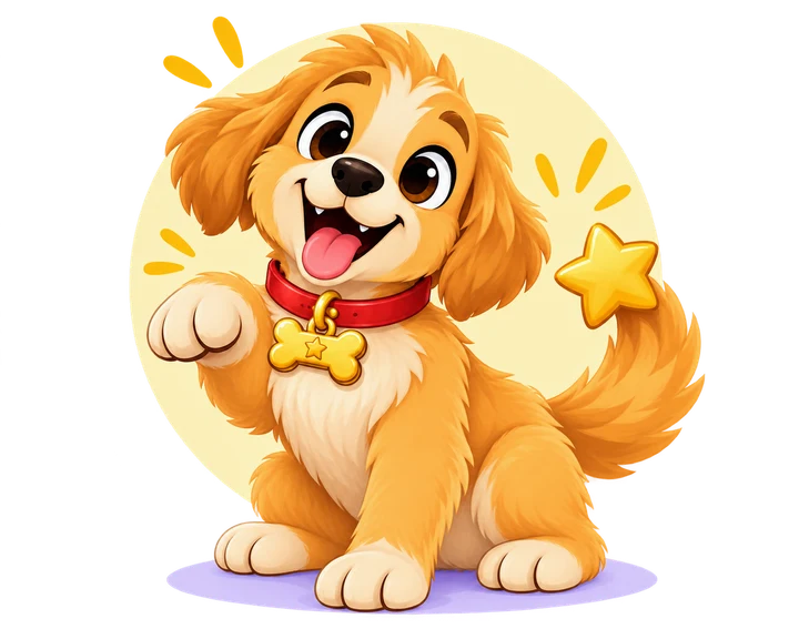 Sparky raises a welcoming paw, wearing his red collar and star-marked bone charm.