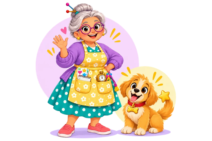 Granny Nanny welcomes you beside Sparky, the golden companion with a red collar and star-tipped tail.