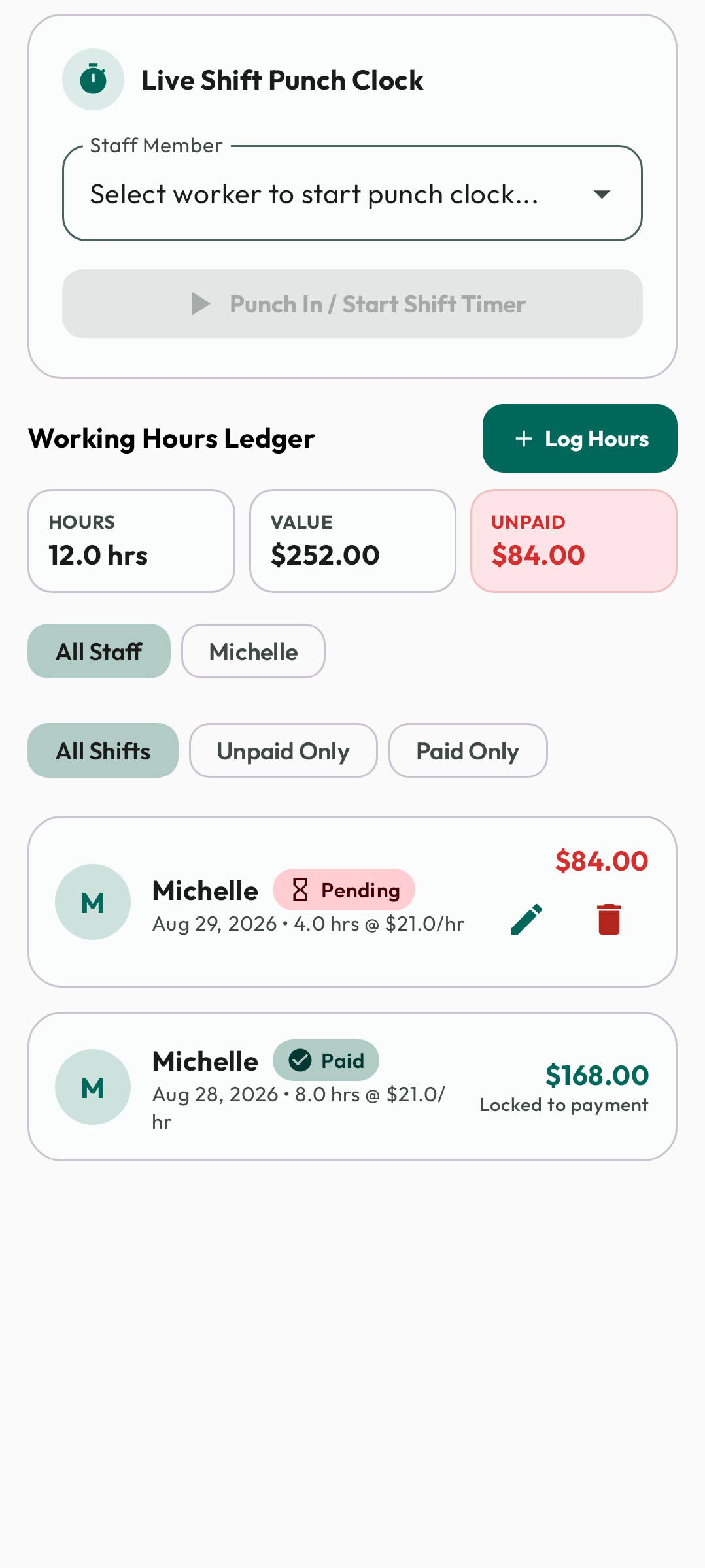 Android Hours Tracker showing a punch clock, shift totals, and logged work