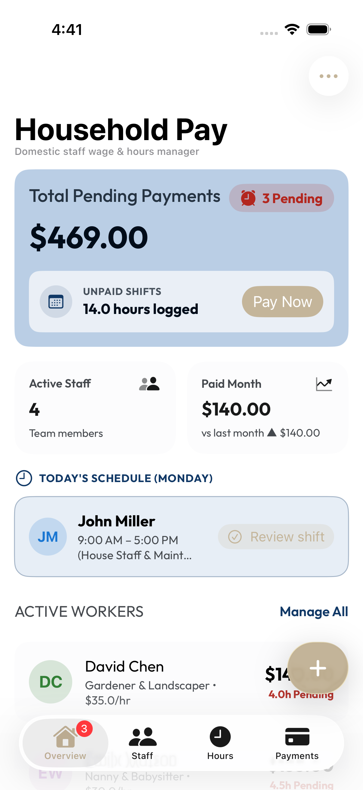 Household Pay on iOS: pending wages, unpaid hours, staff, and today’s schedule together on the overview screen