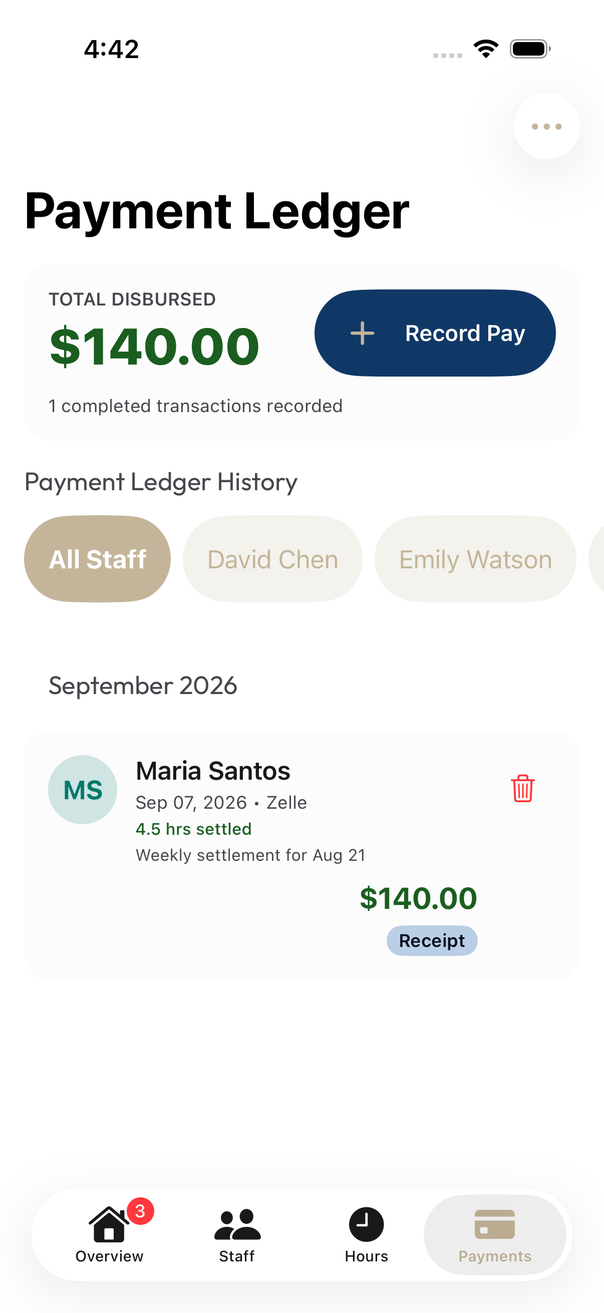 iOS Payment Ledger showing the amount disbursed and recorded staff payments