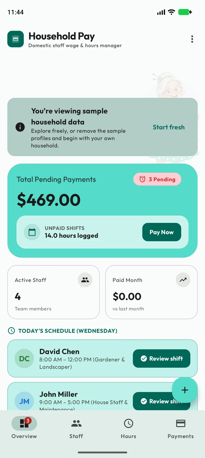Household overview with pending pay, people metrics and Granny Nanny in the soft background.