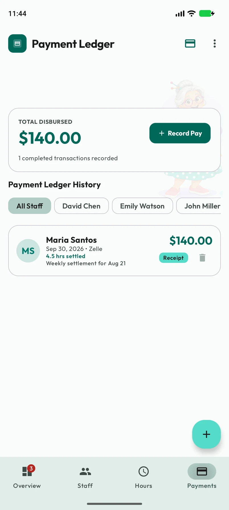 Payment ledger with recorded payments, people filters and receipt or invoice actions.