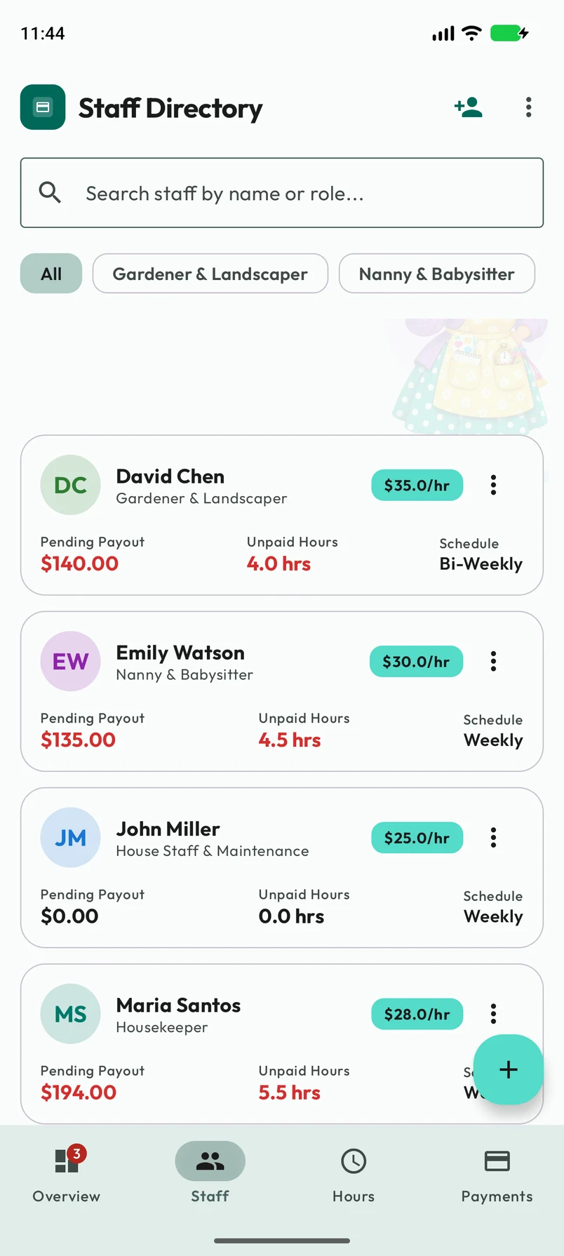 Android staff list with sample household staff and their roles