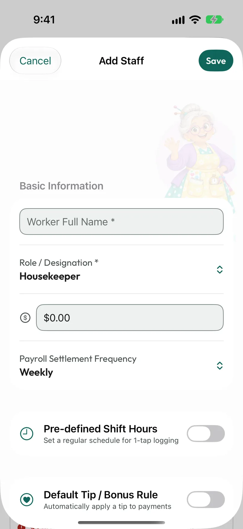 Add staff form with name, role, hourly rate and schedule options.