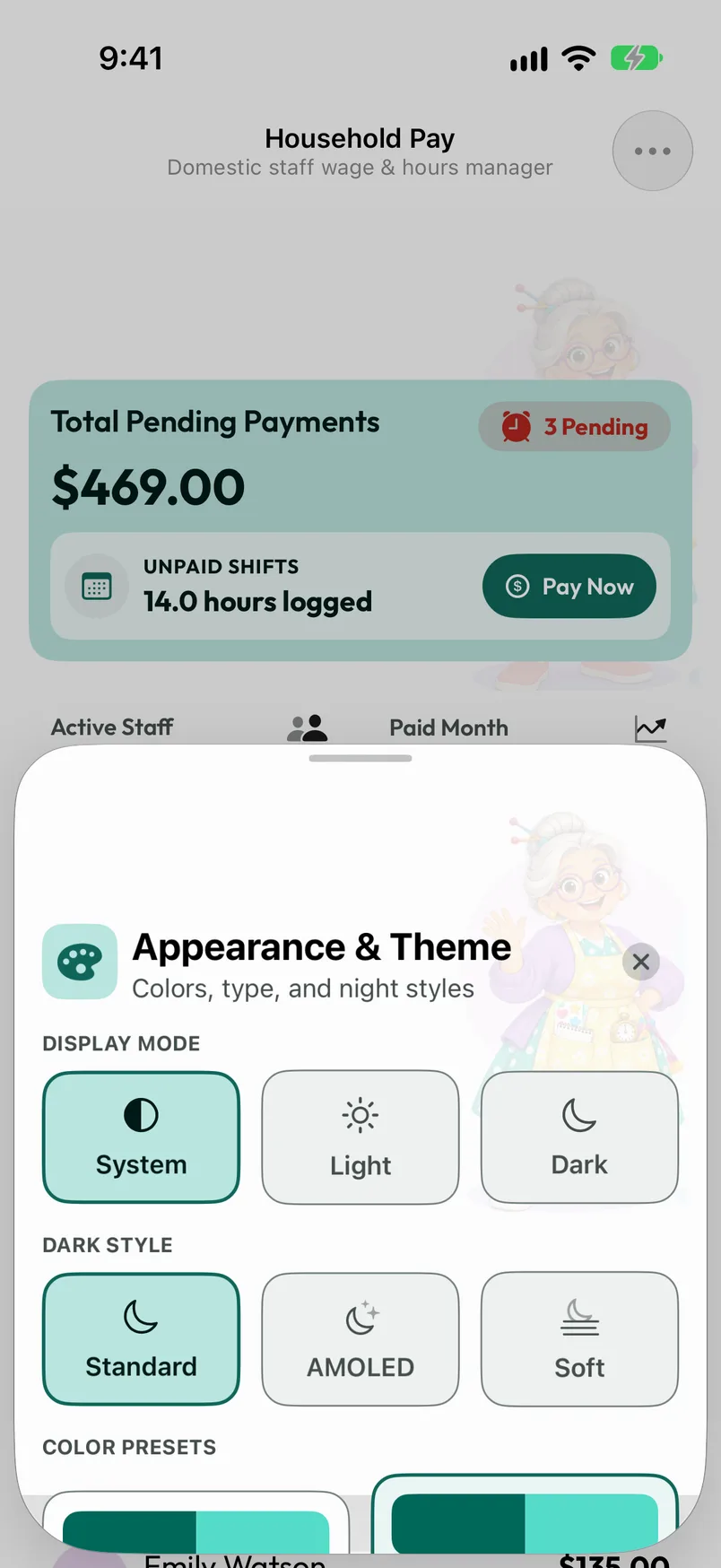 Appearance & Theme with light, dark and system modes, dark styles, palettes and typefaces.