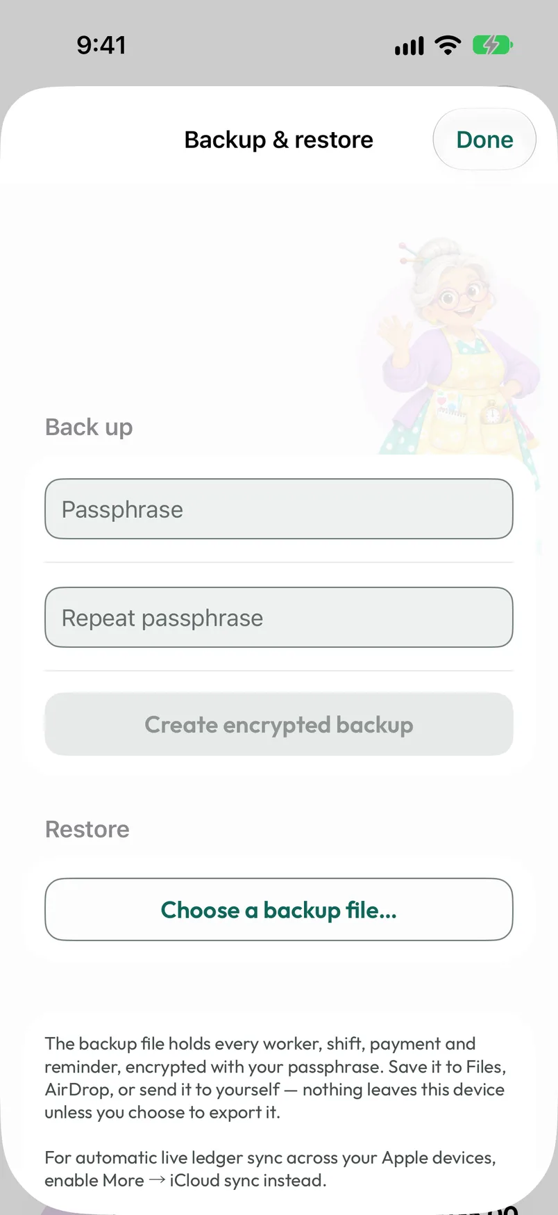 Backup & restore with passphrase fields and actions to create or restore an encrypted profile backup.