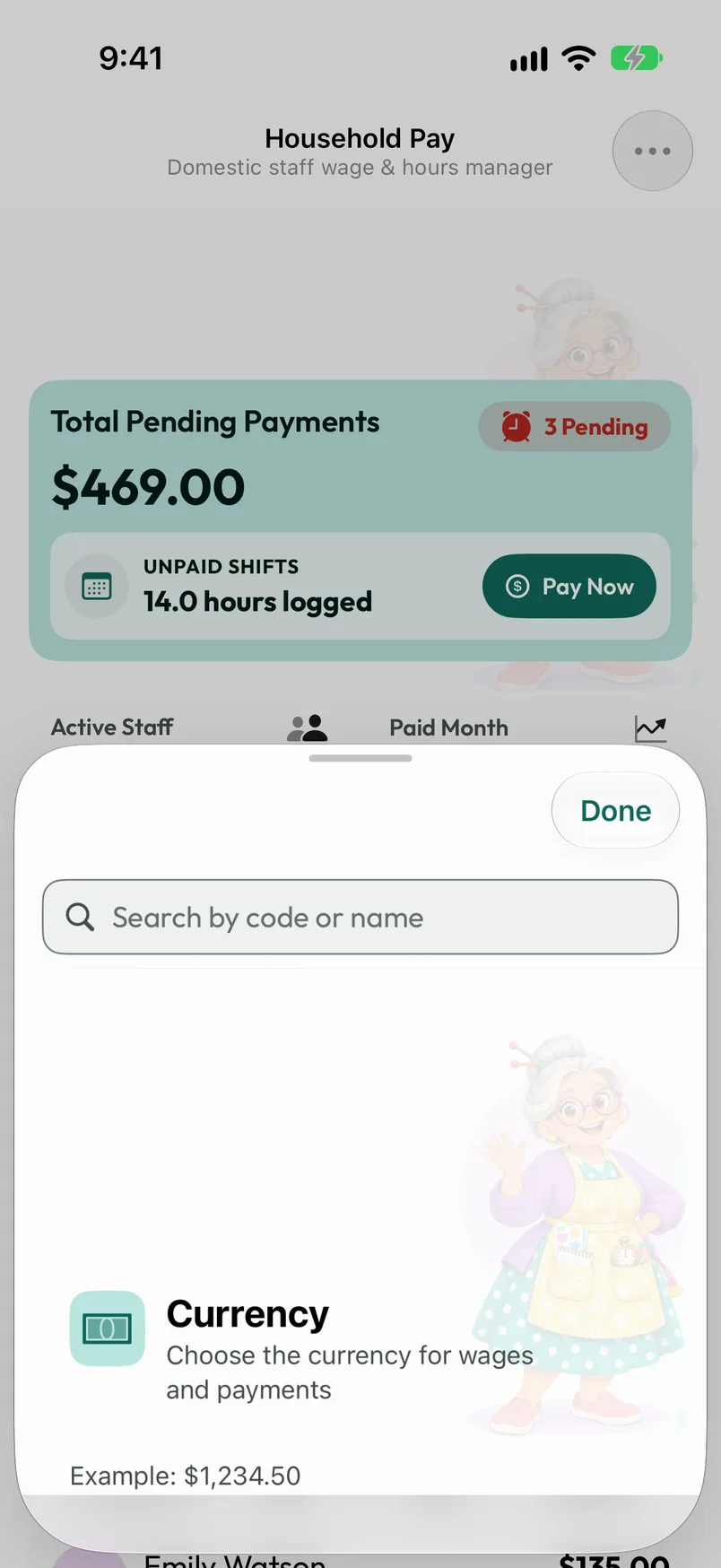 Currency settings with search, an example amount and a selectable currency list.