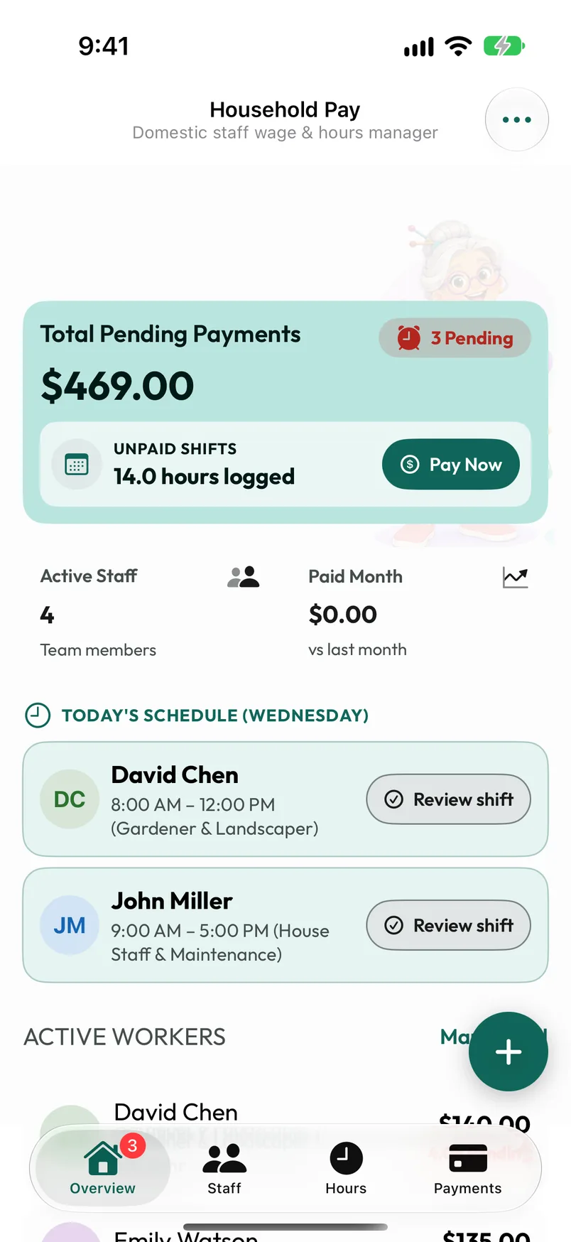 Household overview with pending pay, people metrics and Granny Nanny in the soft background.