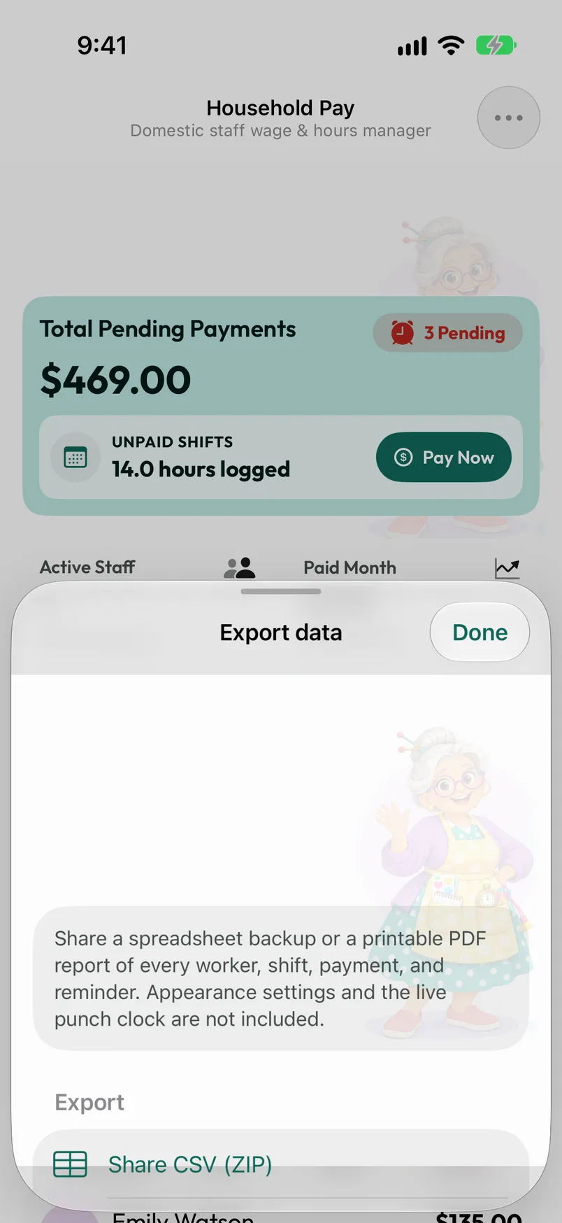 Export data sheet offering Share CSV (ZIP) and Share PDF Report for the active profile.