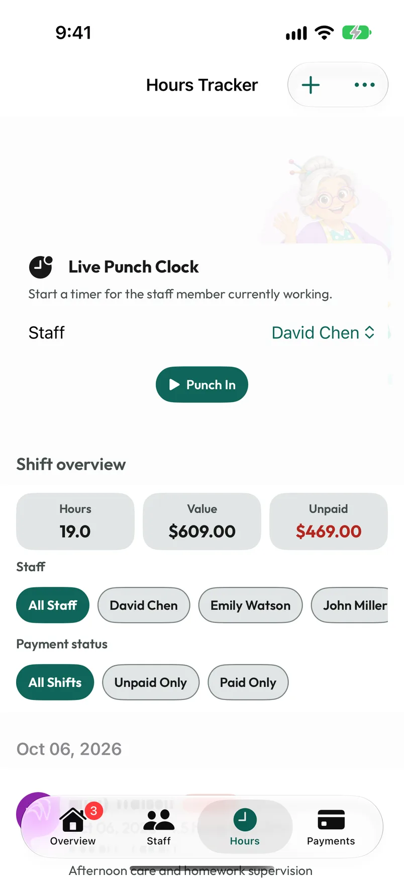 Hours Tracker with the punch clock, shift totals, people filters and logged work.