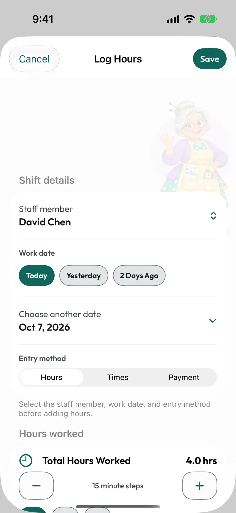 Log Hours form with a work date, person selection, entry methods and native Save and Cancel actions.