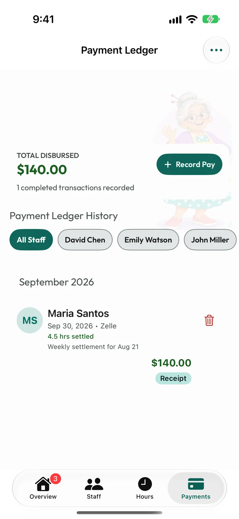 Payment ledger with recorded payments, people filters and receipt or invoice actions.