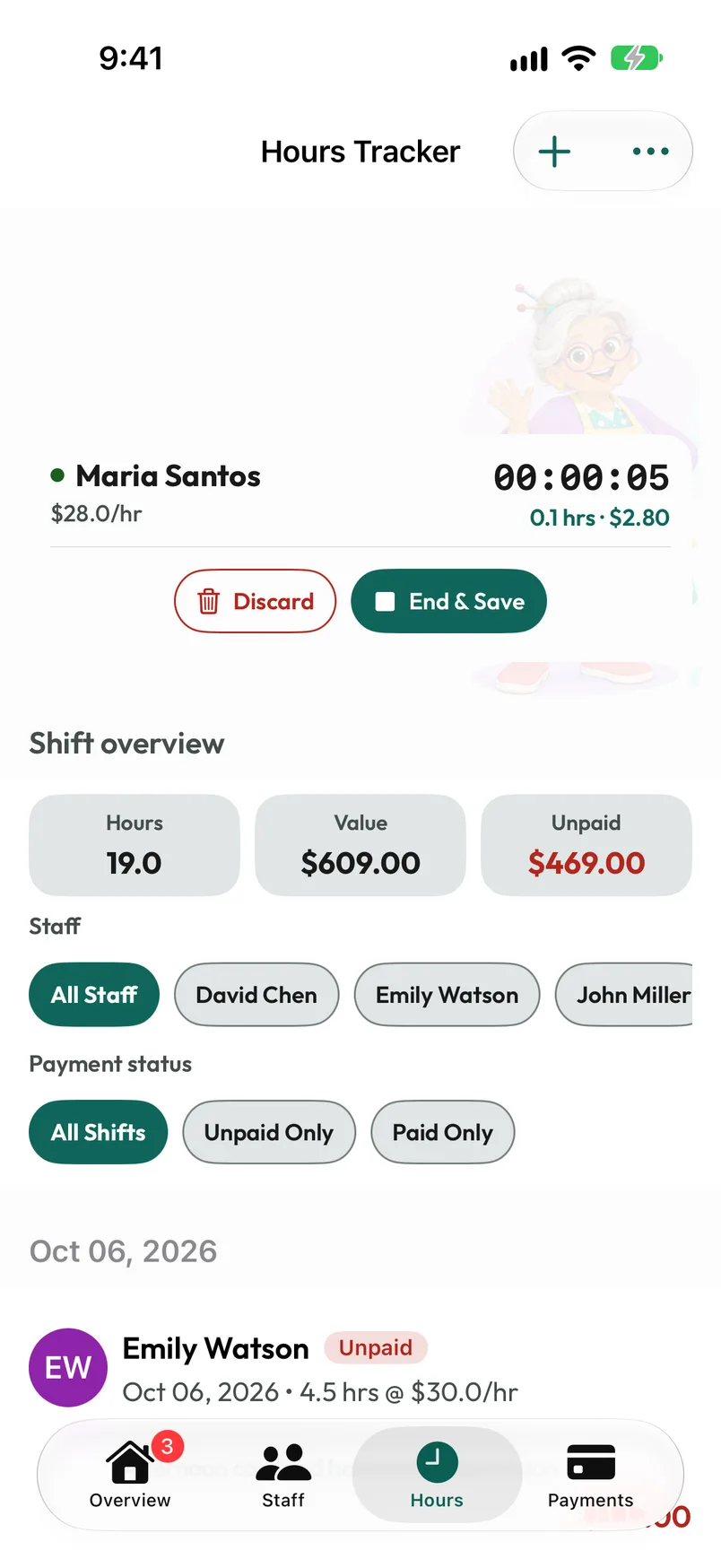 Hours Tracker with a running punch-clock shift, elapsed time and the action to end and save it.