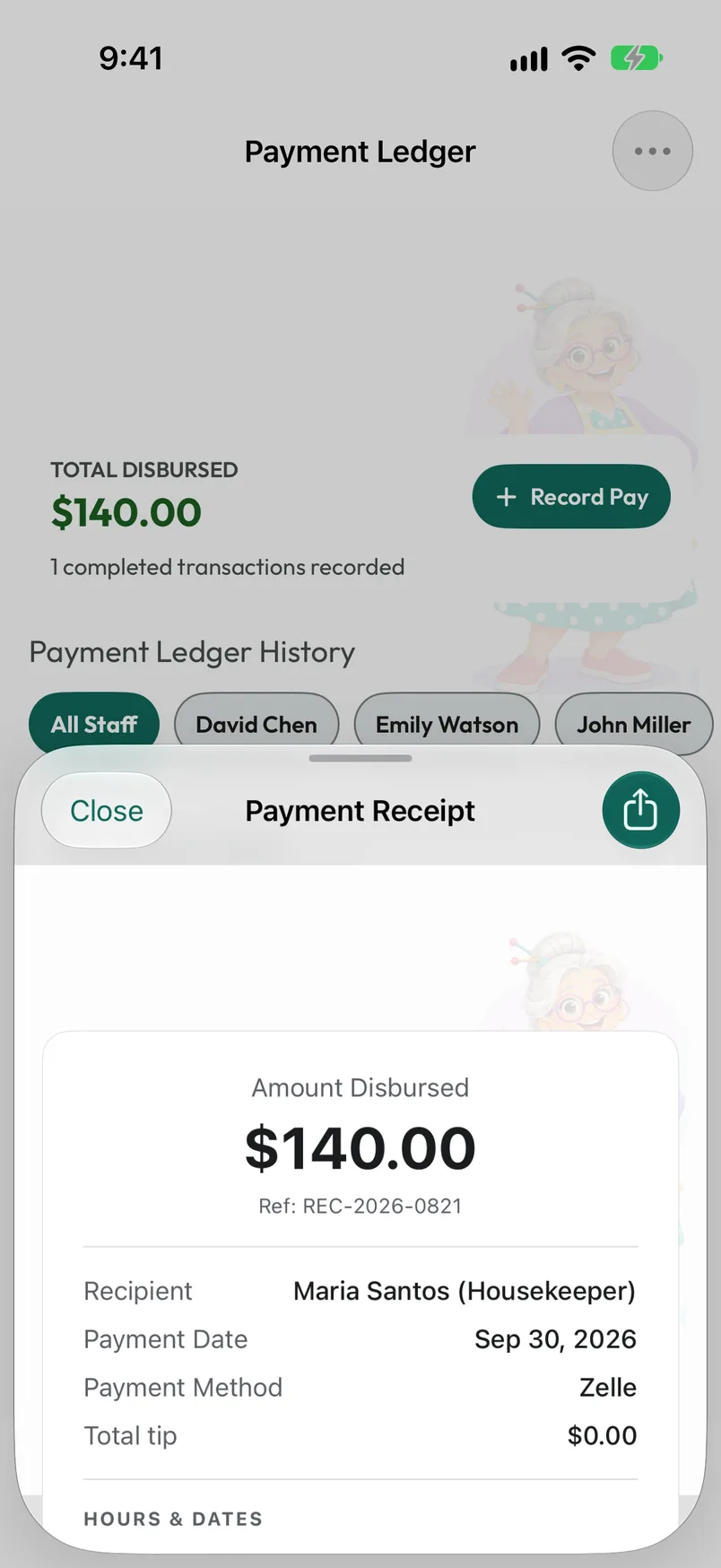 Receipt preview showing the amount, date, payment method and work covered. Character artwork sits outside the document.