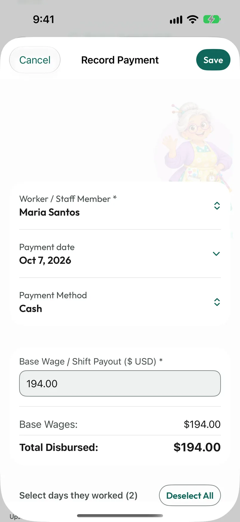 Payment form with person selection, date, payment method, amount and unpaid shifts to settle.
