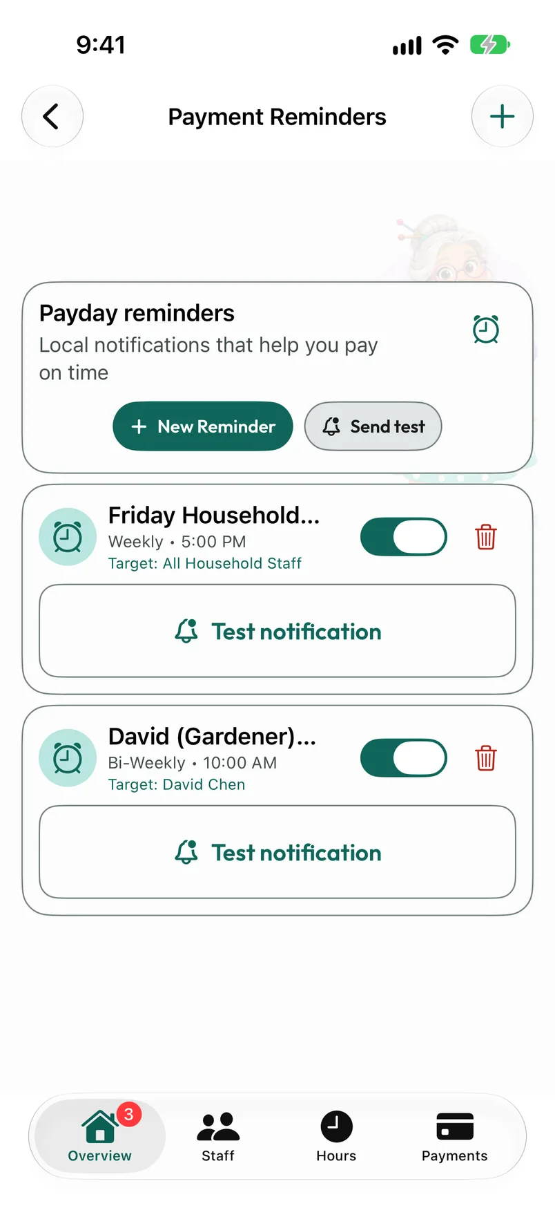 Payment reminders with scheduled reminders and controls to add or test a reminder.