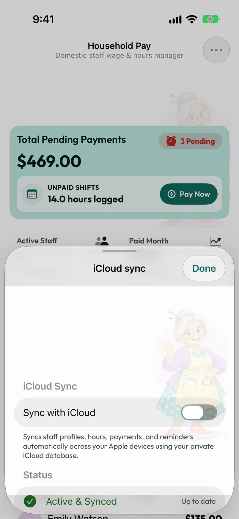 iCloud sync settings explaining that both profiles sync while keeping separate ledgers.