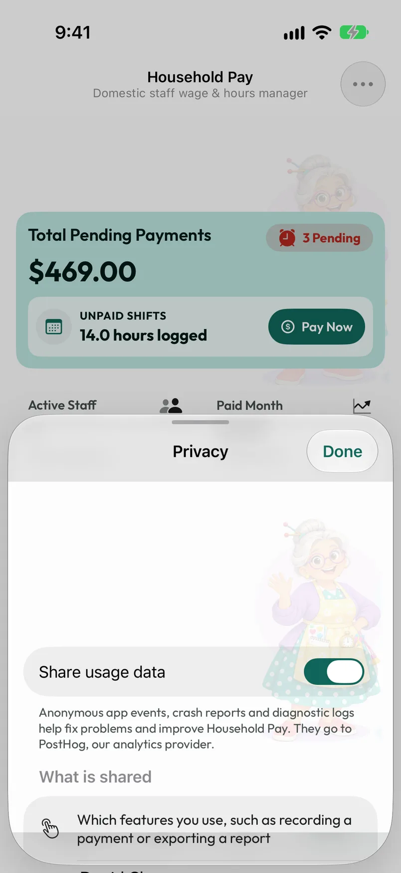 Privacy settings with the Share usage data toggle and descriptions of what is shared and excluded.