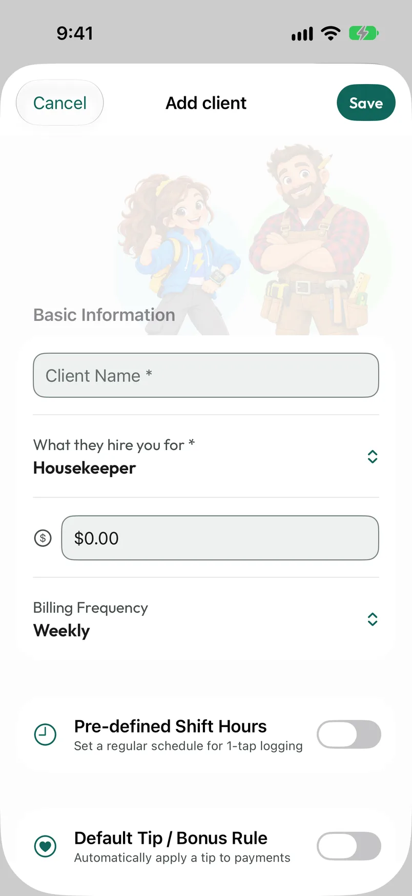 Add client form with name, role, hourly rate and schedule options.