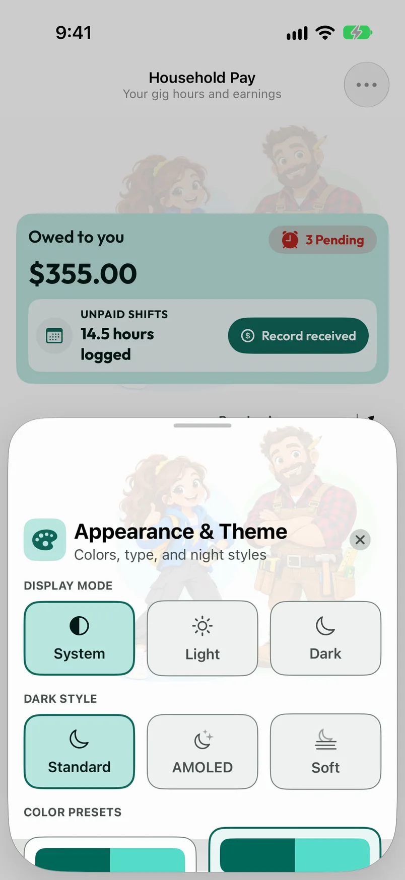 Appearance & Theme with light, dark and system modes, dark styles, palettes and typefaces.