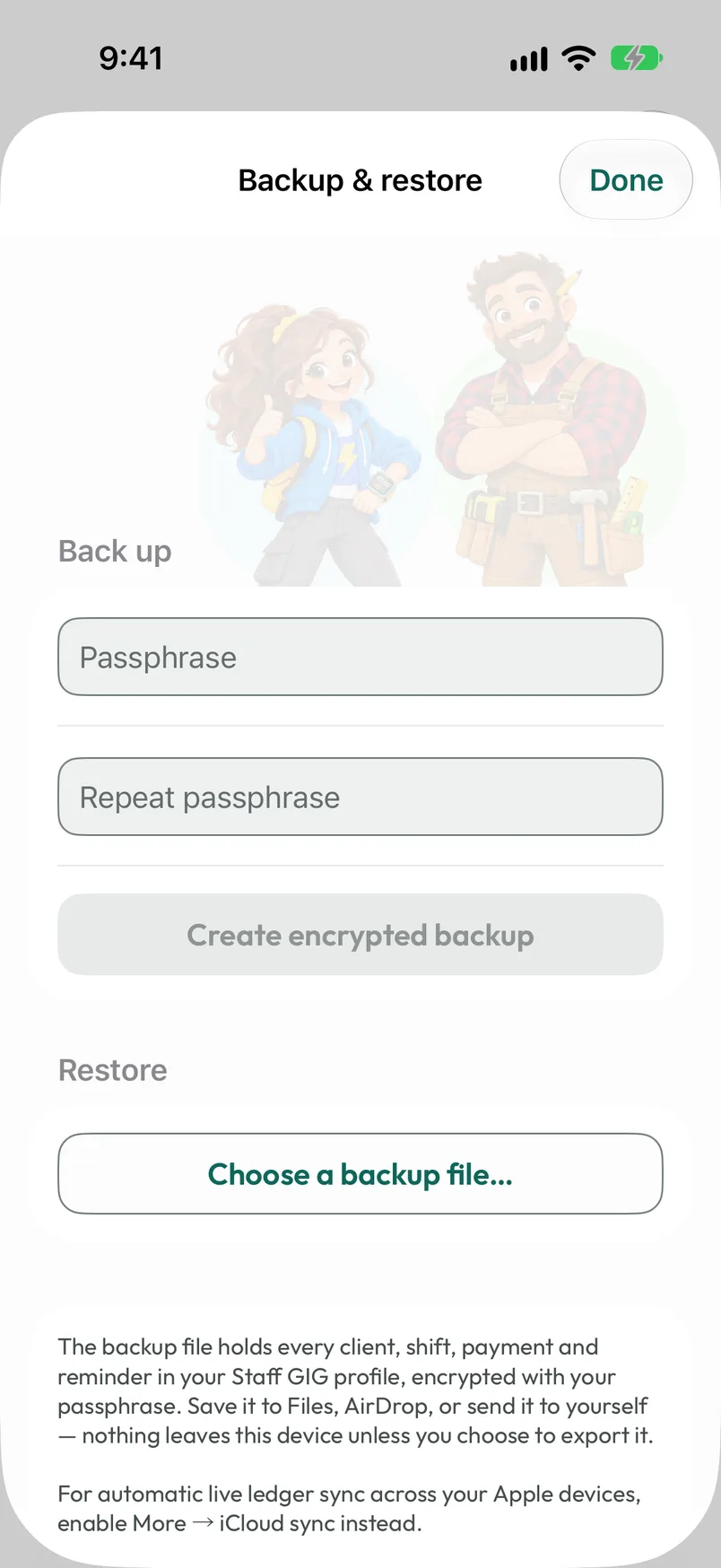 Backup & restore with passphrase fields and actions to create or restore an encrypted profile backup.