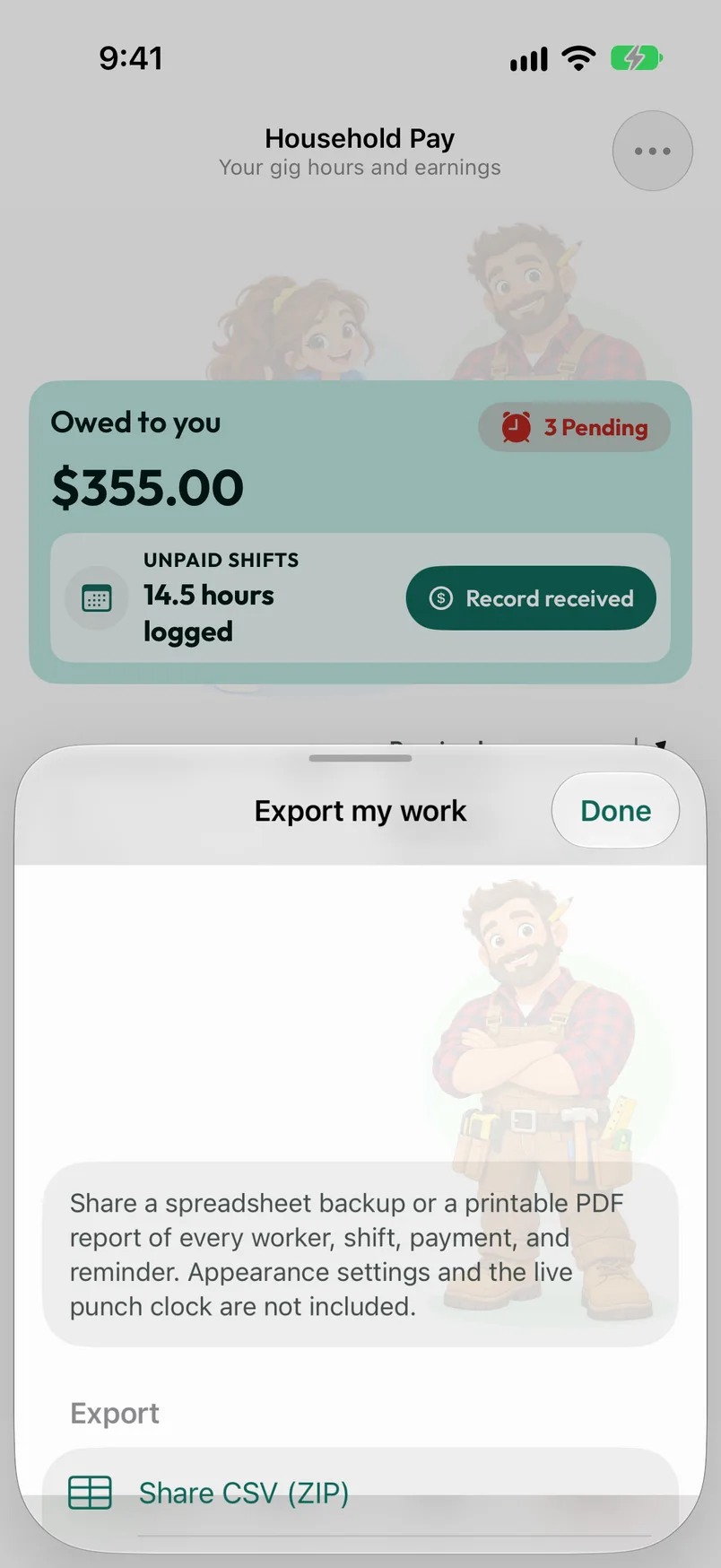Export my work sheet offering Share CSV (ZIP) and Share PDF Report for the active profile.