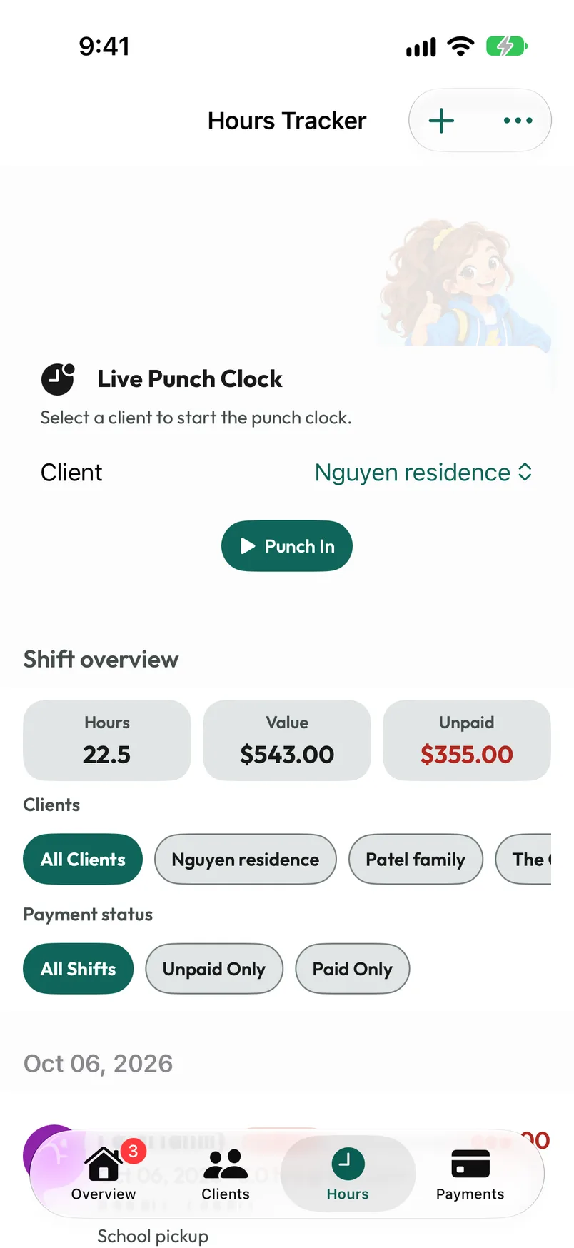 Hours Tracker with the punch clock, shift totals, people filters and logged work.