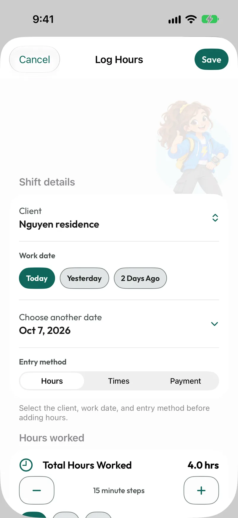 Log Hours form with a work date, person selection, entry methods and native Save and Cancel actions.
