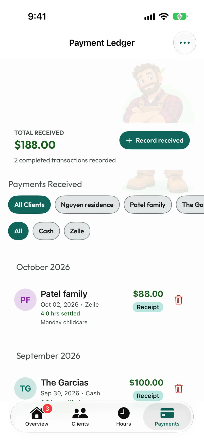 Payments Received ledger with recorded payments, people filters and receipt or invoice actions.