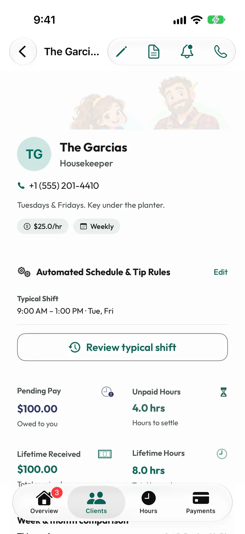 Client detail with work statistics, unpaid hours, payment history and statement actions.