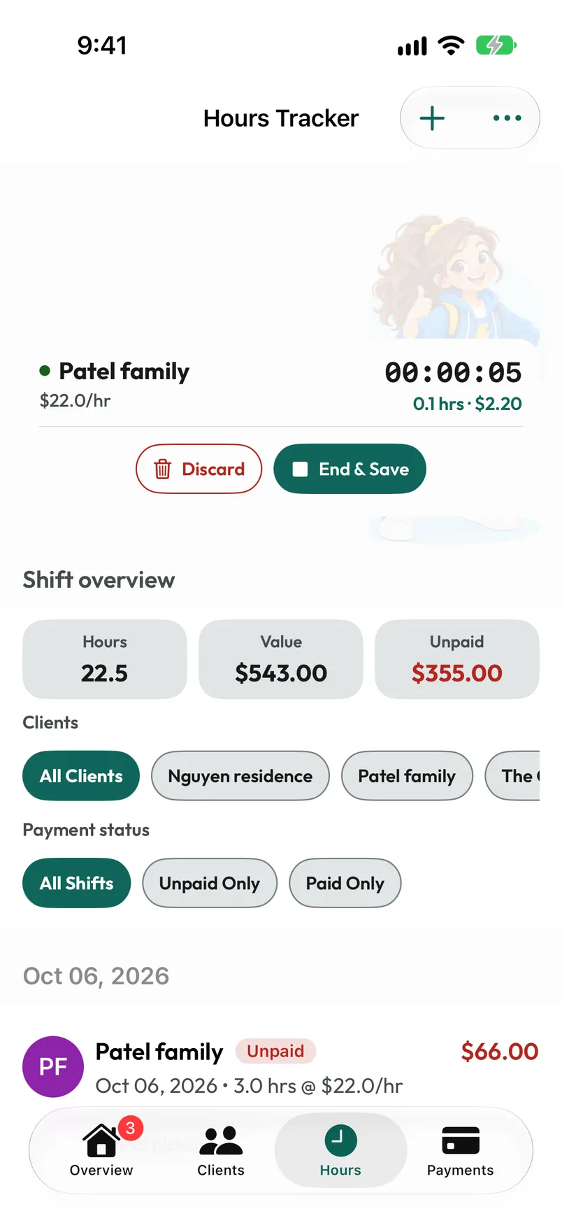 Hours Tracker with a running punch-clock shift, elapsed time and the action to end and save it.
