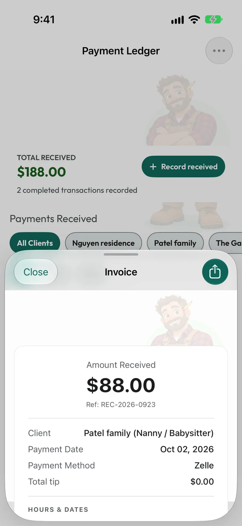 Invoice preview showing the amount, date, payment method and work covered. Character artwork sits outside the document.