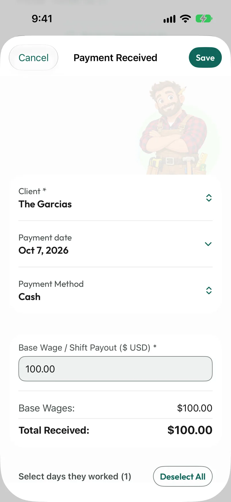 Payments Received form with person selection, date, payment method, amount and unpaid shifts to settle.