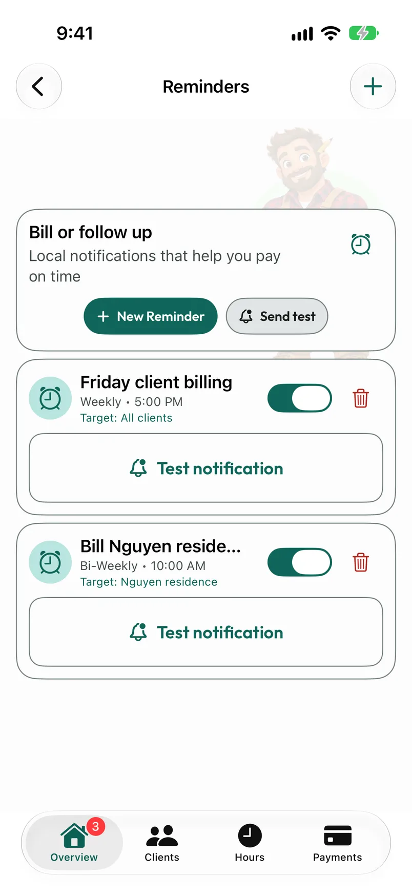 Billing reminders with scheduled reminders and controls to add or test a reminder.