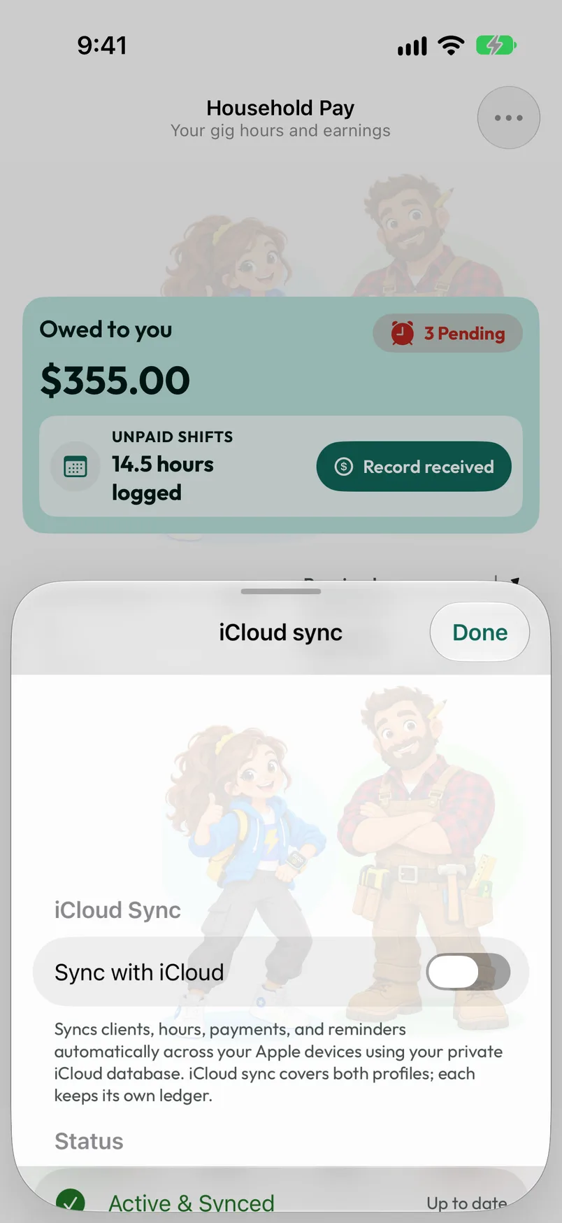 iCloud sync settings explaining that both profiles sync while keeping separate ledgers.